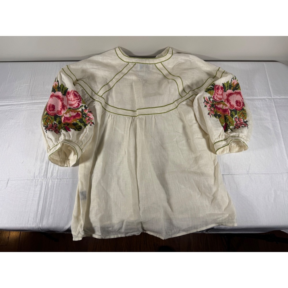De Castro Linen Floral Embroidered Puff Sleeve Tunic Top Cream Green Small - Picture 2 of 8